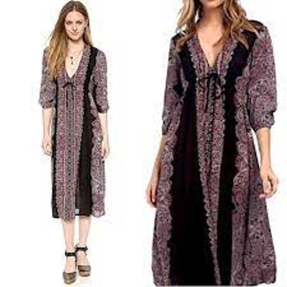 Free People Dresses & Skirts - Free People Azalea Black Boho Floral Kaftan Dress Small